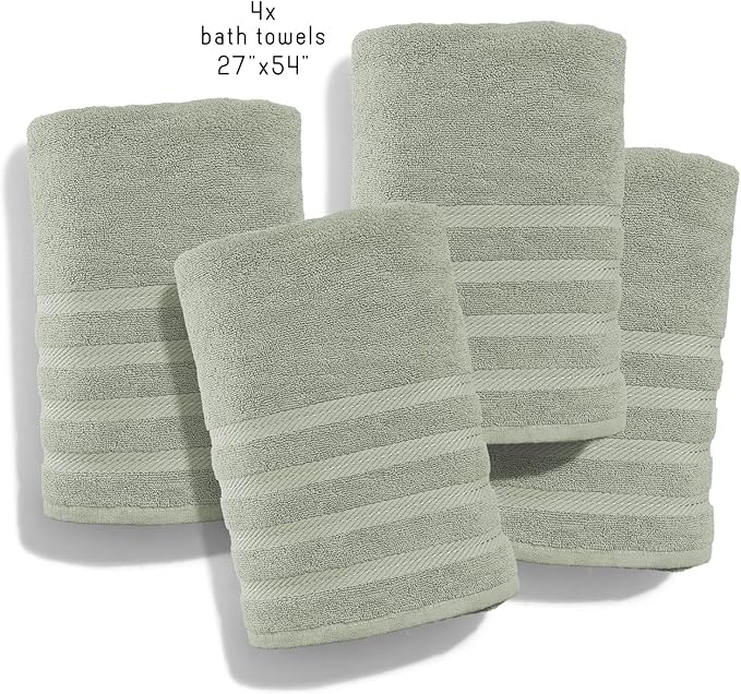Hearth & Harbor Bath Towels for Bathroom - 100% Ring Spun Cotton Luxury Bathroom Towels - Soft & Highly Absorbent 4 Bath Towels, Sage Green