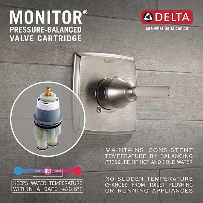 Delta Geist 14 Series Shower Faucet Set, Chrome Shower Head and Handle Set, Valve Trim Kit, Chrome 142864 (Valve Included)