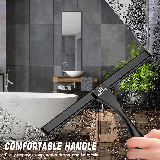Shower Squeegee for Glass Door with 3 Adhesive Hook, Household Window & Stainless Steel Glass Cleaning Squeegee for Bathroom, Mirrors, Tiles and Car, 10 Inches, Clear, Black
