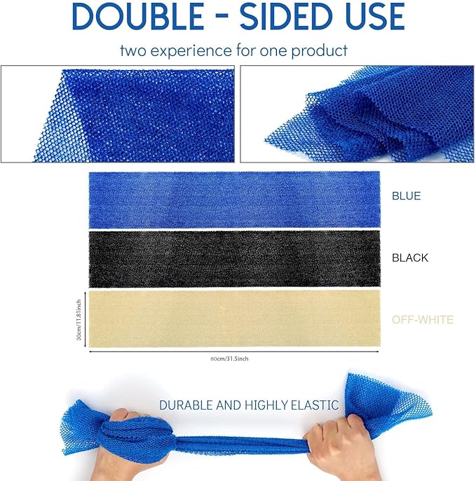 UJFQBH 3 Pieces African Bath Sponge African Net Long Net Bath Sponge Exfoliating Shower Body Scrubber Back Scrubber Skin Smoother,Great for Daily Use(Blue,Black,Off-White)