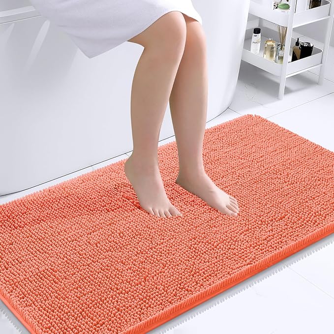 OLANLY Bathroom Rugs 44x24, Extra Soft Absorbent Chenille Bath Rugs, Rubber Backing Quick Dry, Machine Washable Bath Mats for Bathroom Floor, Tub and Shower, Home Decor Accessories, Coral