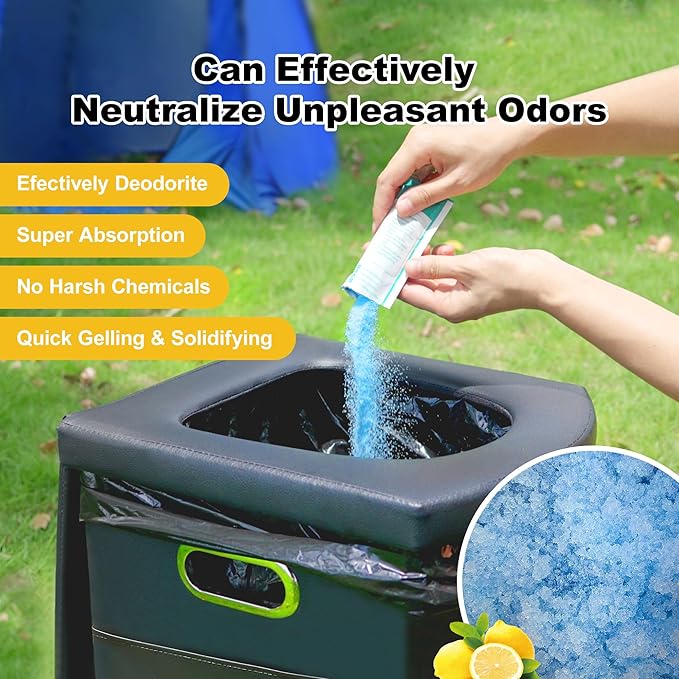Super Absorbent Polymer 30 Packs,Portable & Fast-Absorbing Camp Toilet Chemicals Gel with 5 Gallon Bucket Toilet Luggable Drawstring Bag, Emergency Toilet Bag&Potty Gel