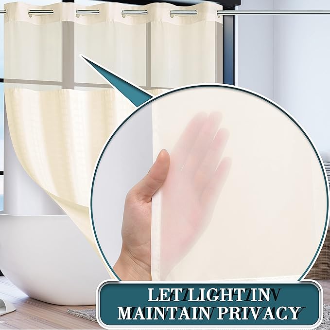 Conbo Mio No Hook Shower Curtain with Snap in Liner Set, Hotel Luxury Beige Shower Curtains for Bathroom with See Through Top Window, Waterproof, Washable 71W x 74H