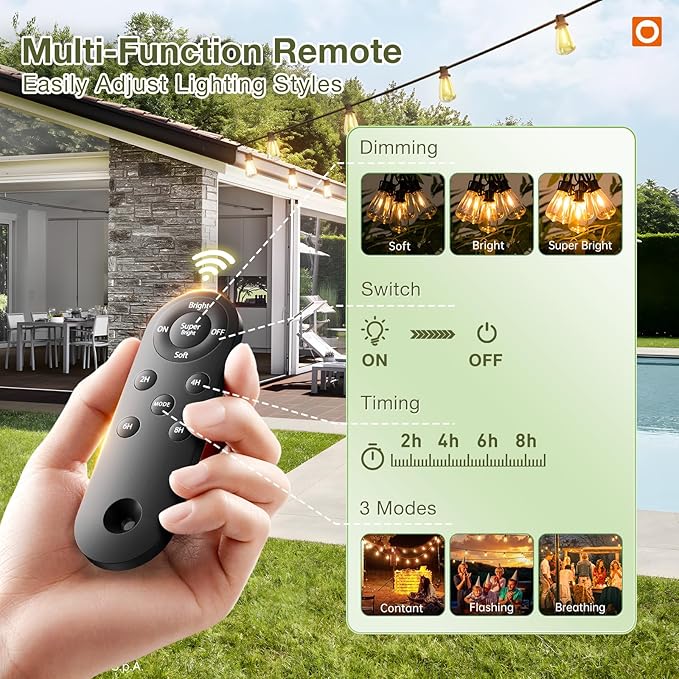 addlon 54(48+6) FT Solar String Lights Waterproof,Patio Lights Solar Powered with Remote & USB Port 15+1 LED Shatterproof Bulbs 3 Light Modes, Dimmable Solar Light for Camping Backyard Garden