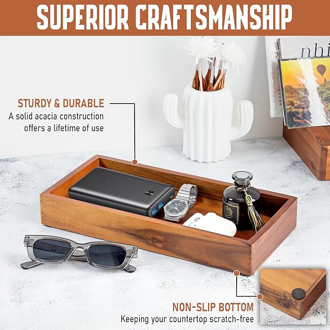Demigo Acacia Wood Valet Tray & Catchall - 12.2x6 Inch Organizer for Nightstand, Entryway, Dresser - Holds Keys, Wallet, Phone, Jewelry (Brown)