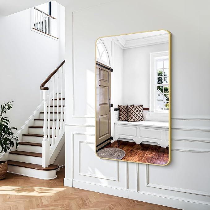 BONEWEI Gold Bathroom Mirror,60x36 inch Wall Mirror for Bathroom Wall Mounted,Round Rectangle Mirror for Bathroom Over Sink,Modern Frame for Home Decor Living Room,Bedroom Entryway,Horizontal/Vertical