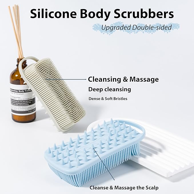2 PC Silicone Body Scrubber, 2 in 1 Exfoliating Shower Bath Scrubber, Soft Silicone Loofah for Sensitive Skin, Shower Hair Scalp Massager, Easy to Clean, Lather Well (Grey&Blue)