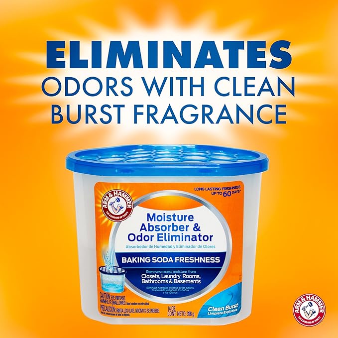 Arm & Hammer Clean Burst Moisture Absorber and Odor Eliminator Tubs, 14 oz, 3 Pack, Attract and Trap Excess Moisture, Eliminate Musty Odors, Convenient and Effective, White