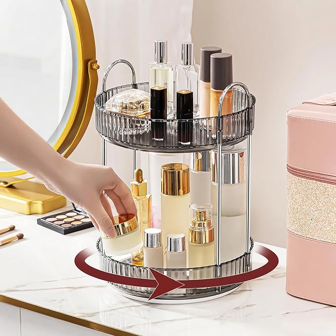 360° Rotating Makeup Organizer, Bathroom Make Up Spinning Holder Rack, Large Capacity Cosmetics Storage Vanity Shelf Countertop, Fits Cosmetics, Perfume, Skincare, Lipsticks(2 Tiers, Gray)