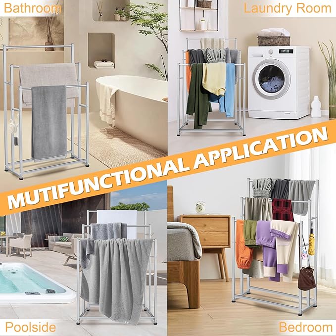 47.6 Inch Tall Free Standing Towel Racks 3 Tier Pool Towel Rack Outdoor Oversized Floor Bath Towel Drying Valet Holder Blanket Quilt Rack Stand for Bathroom Bedroom Beach Hot Tub Gym Pool Area Outside