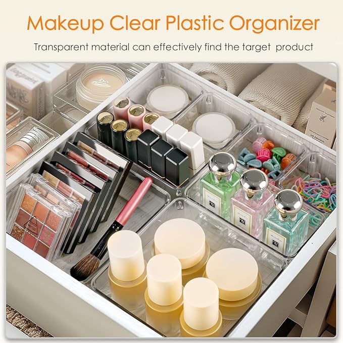 Criusia Drawer Organizer, 26 Pack Clear Plastic Drawer Organizer Bins, Versatile Organization and Storage Trays for Kitchen, Bathroom, Vanity Makeup and Office