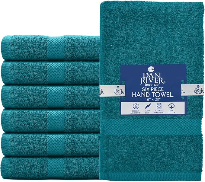 DAN RIVER 6-Pack Premium Hand Towels (16x28 Inches) - 100% Cotton, Ultra Soft, Lightweight, Highly Absorbent Towels for Bathroom, Spa, Gym, Salon, Hotel, and Travel - 550 GSM - Teal