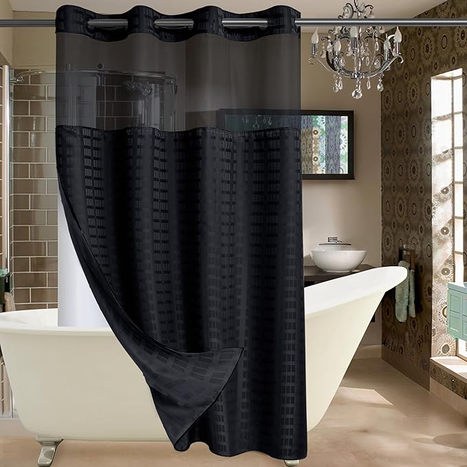 Conbo Mio Stall No Hook Shower Curtain with Snap in Liner Set, Hotel Luxury Black Shower Curtains for Bathroom with See Through Top Window, Waterproof, Washable 54W x 74H