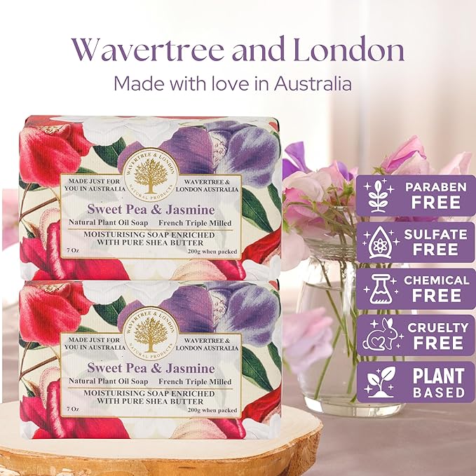 Wavertree & London Sweet Pea & Jasmine Scented Natural Soap (2 Bars), 7oz Moisturizing French Triple Milled Soap Bars enriched with shea butter - Pure Plant Based Bath & Body Bars for All Skin Types