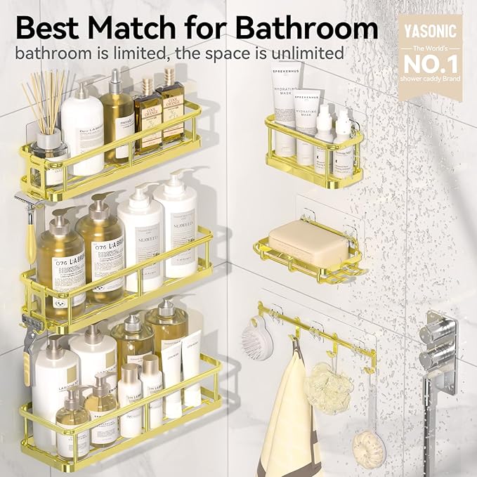 YASONIC Shower Caddy, 6 Pack Large Capacity Bath Organizer with Soap Holder and 12 Hooks, Rustproof Shower Shelves for Inside Shower, No Drilling&Sleek Bathroom Organizers and Storage Gold
