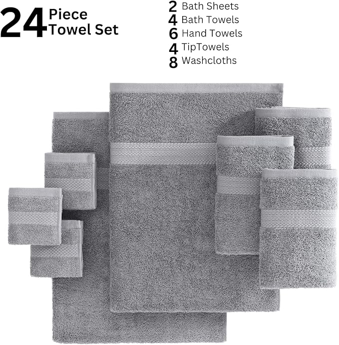 Lane Linen Complete 24 PCs Bath Towel Set For Family - 100% Ring Spun Cotton - Quick Dry, Soft & Absorbent Towels For Bathroom - Perfect for Kids, Guest & Everyday Use - Oeko Tex Certified -Space Grey