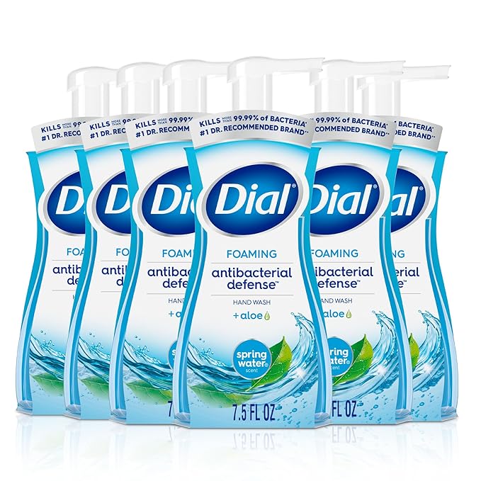 Dial Antibacterial Defense Foaming Hand Soap + Aloe, Spring Water Scent, 7.5 Fl Oz (Pack of 6), Dermatologist-Tested Hand Wash, Gentle on Skin