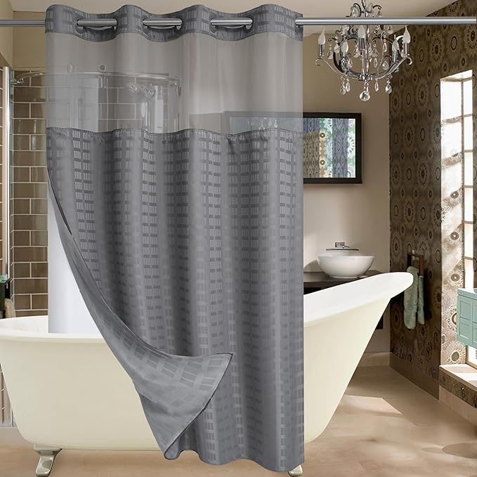 Conbo Mio Stall No Hook Shower Curtain with Snap in Liner Set, Hotel Luxury Grey Shower Curtains for Bathroom with See Through Top Window, Waterproof, Washable 54W x 74H
