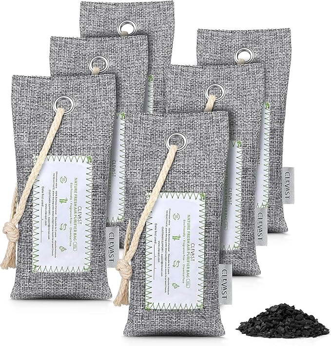 CLEVAST 6 Pack Activated Bamboo Charcoal Air Purifying Bags(6x60g), Natural Fresh Odor Absorber, Deodorizer and Moisture Eliminator, Air Purifier Bags for Home, Closet, Shoes, Car Air freshener