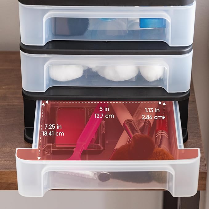 IRIS USA Small 3-Drawer Desktop Organizer, 4 Pack, Stackable, for Office, School, Stationary, Makeup Organizer, Bathroom, Utility, Medical Supplies, Desk Organizer, Versatile Storage, Black
