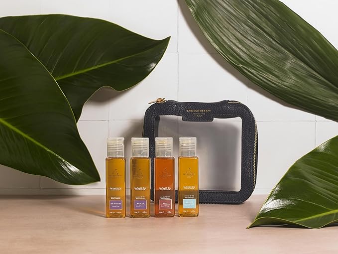Aromatherapy Associates Mini Shower Oil Travel & Discovery Collection. 4 Premium Shower Oils (50ml each) and Handy Travel Case. Includes Revive, De-Stress, Muscle and Rose Blends (1 count)