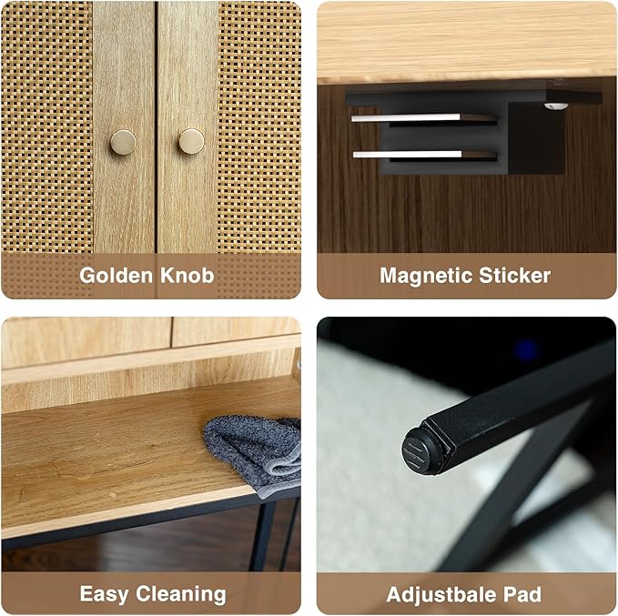 Rattan Toilet Storage Cabinet, Over The Rack Wood Cabinet with Metal Stand, Bathroom Organizer with Adjustable Shelf, Tall Freestanding Washer Shelf, Small Cupboard, Natural