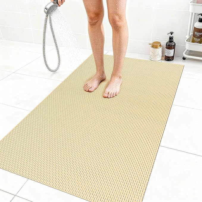 Extra Large Non-Slip Shower Mat, Fast-Dry PVC Bath Stall Tub Mat, Drain-Hole Design for Shower Stall Tub for Elderly/Kids, Non Slip Bath Mat Bathroom Safety Accessory, Khaki 58"x32"