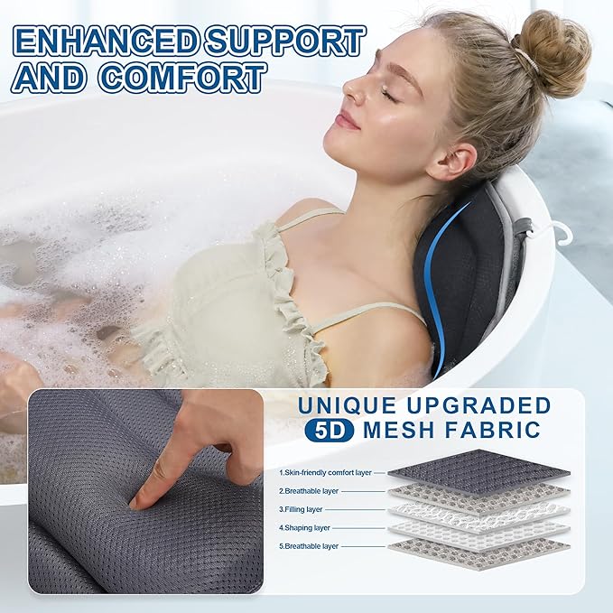 Full Body Bath Pillow for Tub - Extra Long & Thick Tub Pillow with Head, Back & Lumbar Support, 168 Non-Slip Suction Cups, Soft 5D Mesh Spa Cushion, Fits All Tubs-Gift for Soaking(Gray)