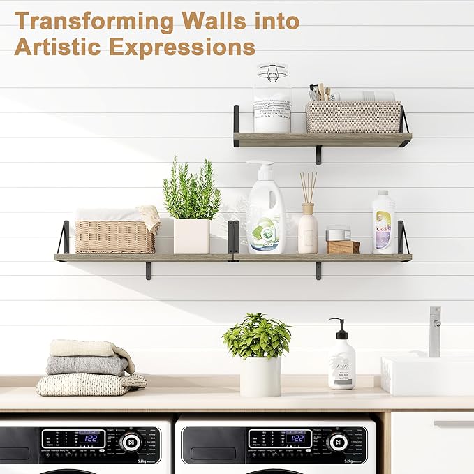 Fun Memories Floating Bookshelves, Set of 3 Wall-Mounted Wood Shelves 24" W x 8" D, Decorative Wall Shelf for Living Room, Bedroom, Bathroom, and Laundry Room (Grey)