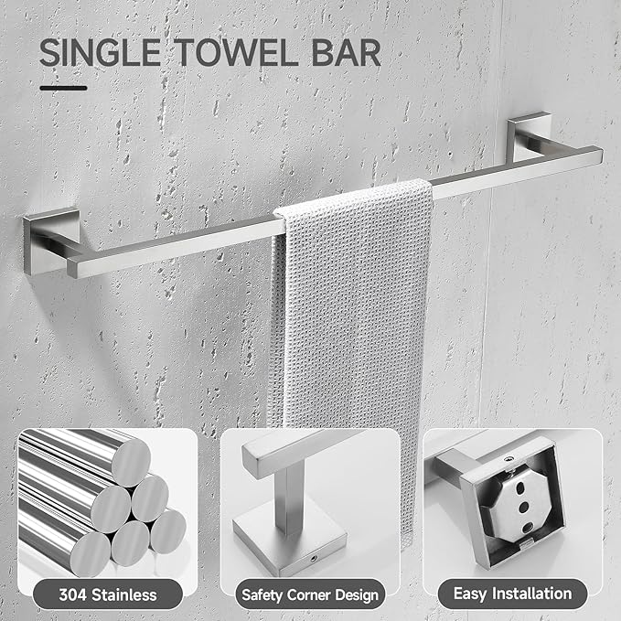 TQKAG Brushed Nickel Bathroom Hardware Accessories Set 10 Pieces, 23.6" SUS304 Stainless Steel Towel Bar Set Wall Mounted Includes Single Towel Bar, Towel Ring, Toilet Paper Holder, Double Towel Hooks