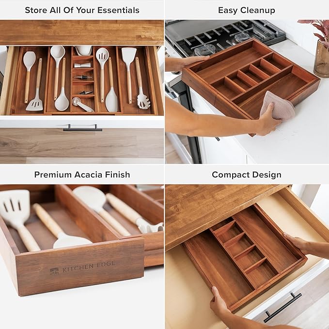KitchenEdge Adjustable Kitchen Drawer Organizer for Utensils and Junk, Food-Safe Contract Grade with 100% Sustainable Wood, Non-Slip, Expandable from 16" to 28" Wide - Natural Acacia
