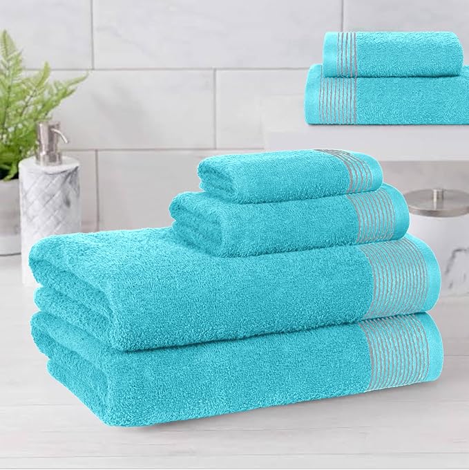Belizzi Home 100% Cotton Ultra Soft 6 Pack Towel Set, Contains 2 Bath Towels 28x55 inchs, 2 Hand Towels 16x24 inchs & 2 Washcloths 12x12 inchs, Compact Lightweight & Highly Absorbant - Turquoise Blue