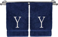 Monogrammed Hand Towel, Personalized Initial Gift, Extra Absorbent 100% Turkish Cotton - Soft Terry Finish - Set of 2 - White Block Initial Y - Embroidered on Navy Blue Towels