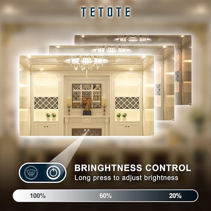 TETOTE 60 x 36 Inch LED Backlit Bathroom Vanity Mirror with Light,Anti-Fog,Dimmable,CRI90+,Touch Button,Water Proof,Large,Lighted Mirror,Horizontal/Vertical Wall Mounted