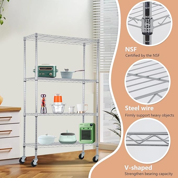 BestOffice | 4-Tier Wire Storage Shelves with Wheels | 36x14x62 | Chrome | Adjustable Racks | Heavy-Duty Metal Shelf, Holds Upto 500 lbs | No-Tool Assembly | Ideal for Home & Garage Shelving