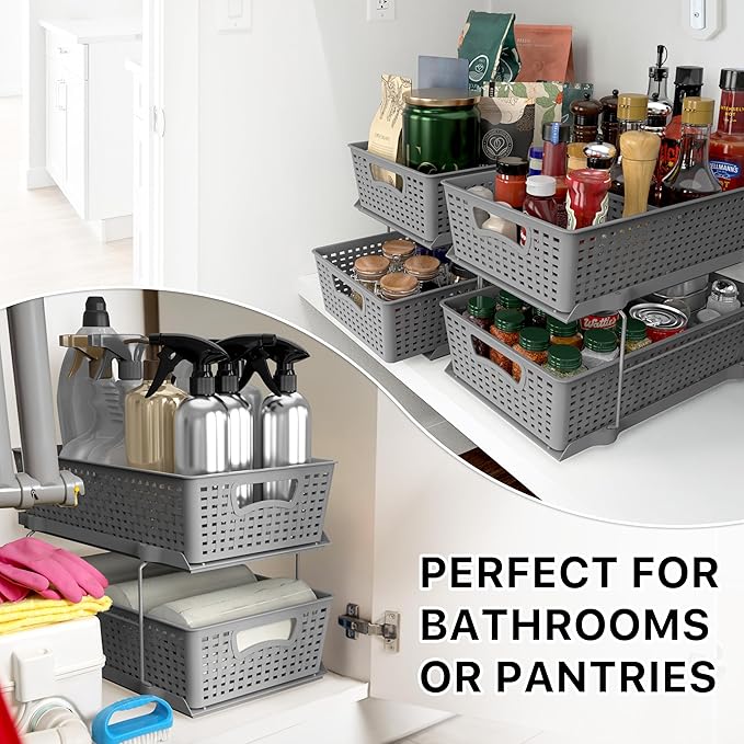 Simple Houseware 2 Tier Bathroom Organizer Tray Pull-Out Sliding Drawer, Under Sink Storage, Gray