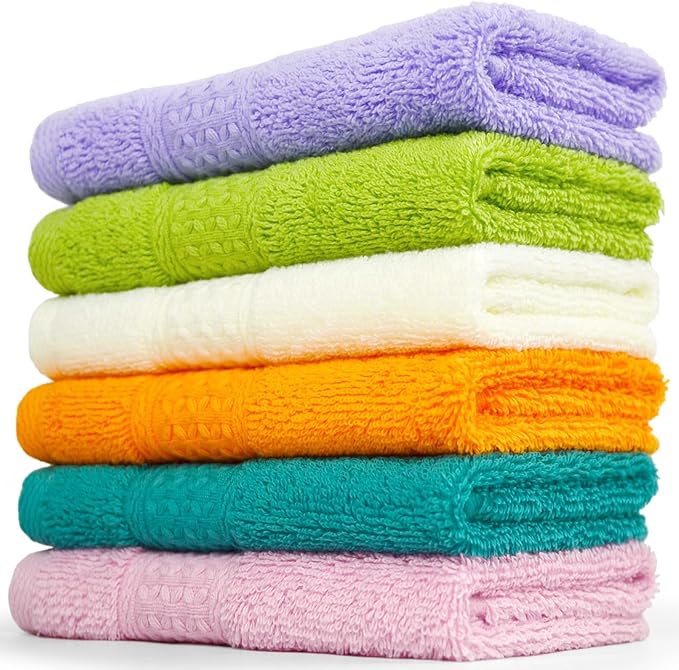 Cleanbear Cotton Wash Cloths Soft Washcloths with 6 Colors for Body and Face, 13 by 13 Inches Large Bathroom Washcloth Set Highly Absorbent Fade Resistant Face Cloths