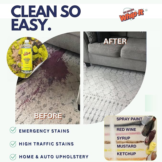 Whip-It Stain Remover and Concentrate Kit, 2-32oz Concentrates & 1-32 OZ Pro Spray Stain Remover, Makes 64 Bottles, Removes Coffee, Wine, Baby Stains, Pet Stains, Plant Based, Enzyme Cleaner, 500 Uses