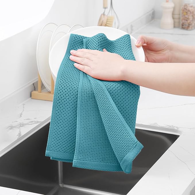 Homaxy 100% Cotton Waffle Weave Kitchen Dish Towels, Ultra Soft Absorbent Quick Drying Cleaning Towel, 13 x 28 Inches, 12-Pack,Lake Blue