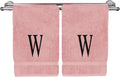 Monogrammed Hand Towel, Personalized Initial Gift, Extra Absorbent 100% Turkish Cotton - Soft Terry Finish - Set of 2 - Black Block Initial W - Embroidered on Pink Towels