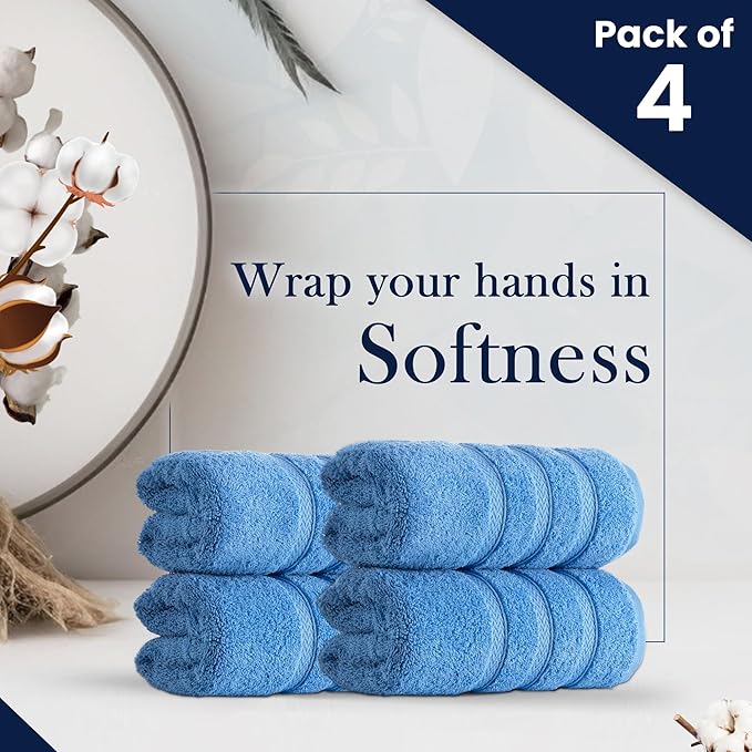HALLEY Turkish 4 Pack Premium Hand Towels (4 Pieces) 650 GSM Highly Absorbent Super Soft 100% Cotton - 4 Hand Towels (Blue)