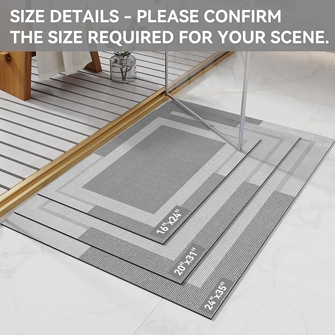 Non Slip Bath Mat, Rubber Backing Ultra Thin Bathroom Rugs Fit Under Door Quick Dry Super Absorbent Washable Bath Rug Shower Mat for Bathroom Floor Bathtub Shower Sink, Easy Care Gray 20"x 32"