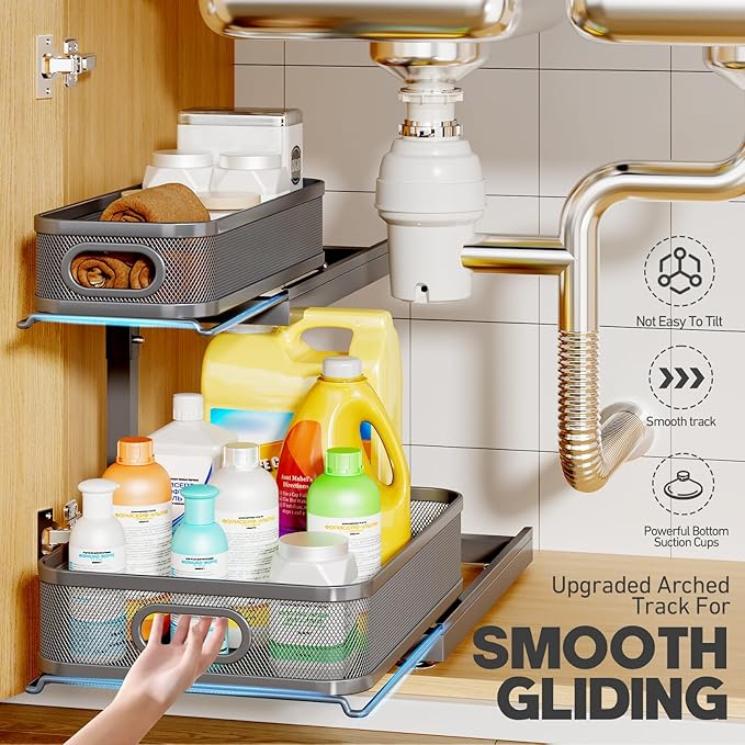 1-Pack Under Sink Storage Organizer with 2-Tier Slide Out Drawer, Sophisticated Mesh Pull Out Shelf for Kitchen & Bathroom, Fits Small Items, Upgraded Arched Track for Smooth Gliding-Gun Gray