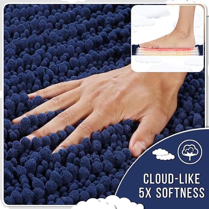 Yimobra Bathroom Rugs Non Slip Washable - Ultra Soft Absorbent Chenille Bath Mat, Quick Dry Shaggy Floor Carpet for Tub Shower, Navy Blue Home Decor Accessories, 24x17 Inch