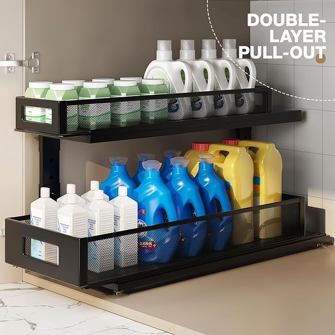 2 Pack 21.3IN-Depth Under Sink Organizer with Next-Gen Ball-Bearing Slides,2-Tier Pull Out Cabinet Storage,Height Adjustable Drawer Shelf for Bathroom,Kitchen,Laundry,Cabinet,Pantry-Black