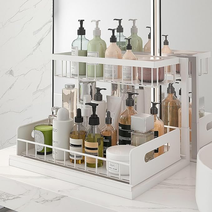 bukfen Under Sink Organizer, Pull Out Cabinet Organizer 2-Tier Slide Out Sliding Shelf Under Cabinet Storage Multi-Use for Under Kitchen Bathroom Sink Organizers and Storage,White,1 Pack