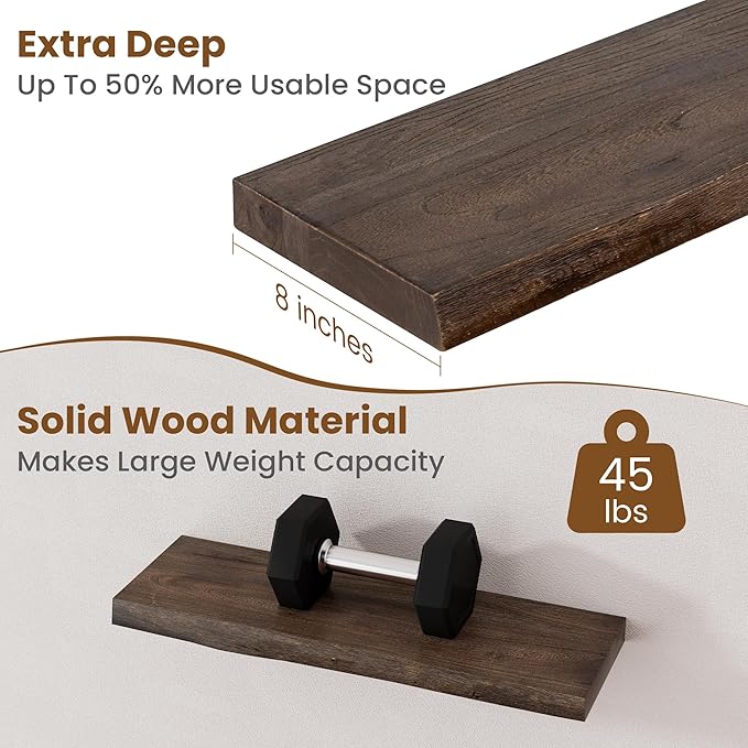 Floating Shelves for Wall Decor, Rustic Solid Elm Wood Live Edge Floating Shelves Wall Mounted, Wall Shelves with Invisible Bracket for Living Room Bathroom Bedroom Kitchen, 24 Inch Set of 2, Walnut