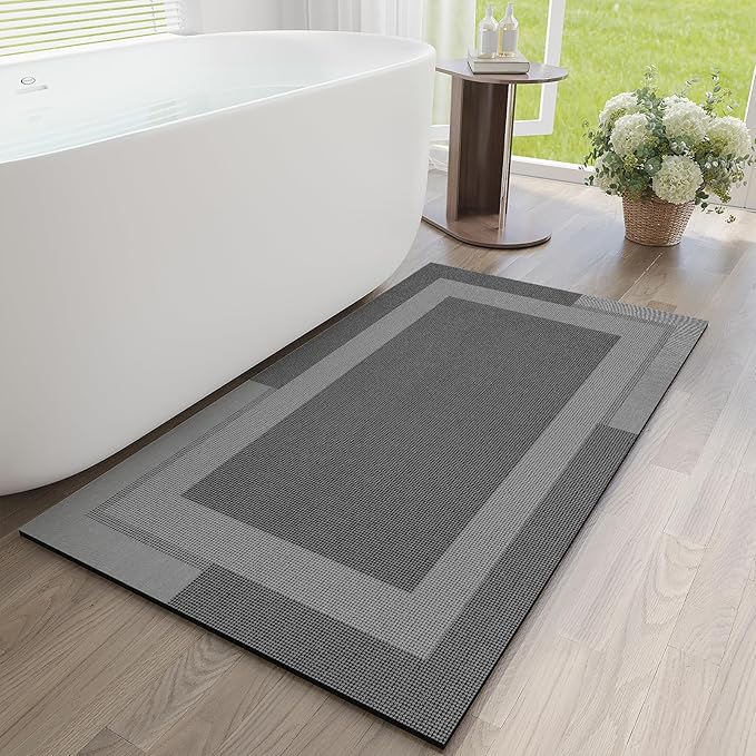 Non Slip Long Bath Mat Bathroom Runner, Rubber Backing Ultra Thin Bathroom Rugs Fit Under Door Quick Dry Super Absorbent Washable Bath Rug Shower Mat for Bathtub Sink Floor, Dark Grey 24"x48"