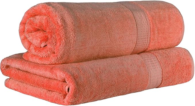 Superior Egyptian Cotton Pile Bath Sheet Set of 2, Ultra Soft Luxury Towels, Thick Plush Essentials, Absorbent Heavyweight, Guest Bath, Hotel, Spa, Home Bathroom, Shower Basics, Coral