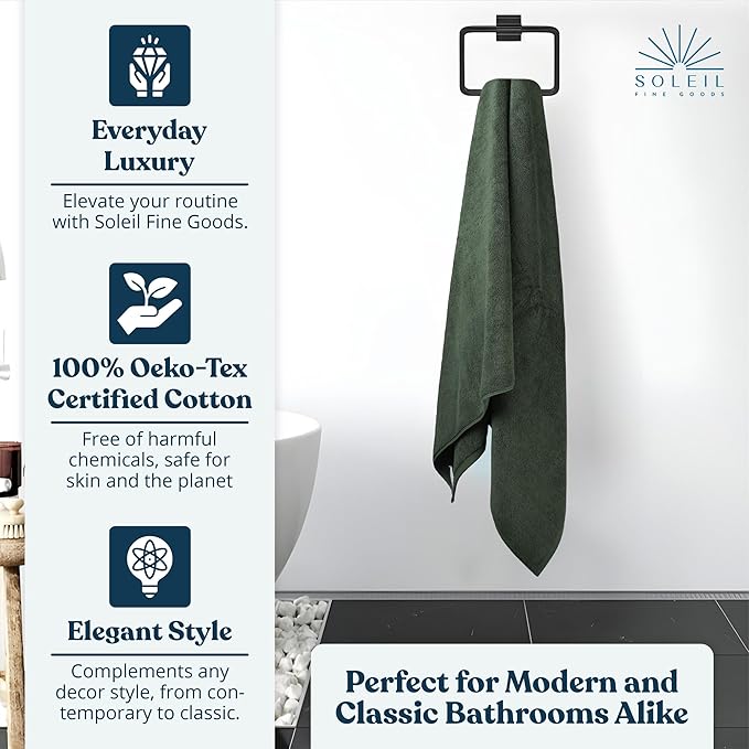 Soleil Fine Goods Luxurious 800 GSM 100% Cotton Bath Towel Set (4-Pack, 27x54) - Heavyweight & Ultra Absorbent, Plush Softness for Bathroom | Hotel & Spa Quality Luxury Towels- Forest